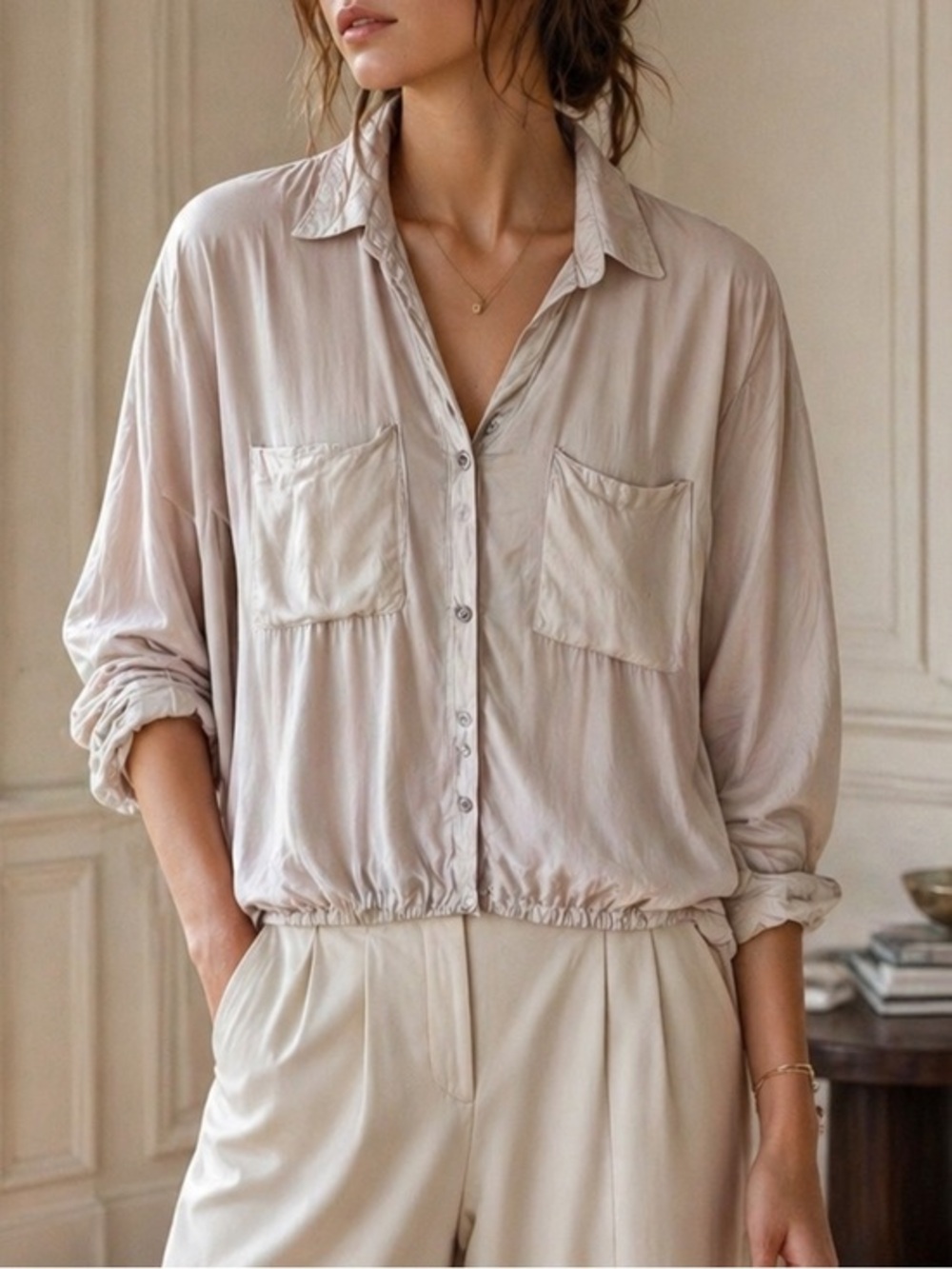 Isabel Marant Étoile Taupe Silk-Feel Button Down Oversized Minimalist V-Neck Top
